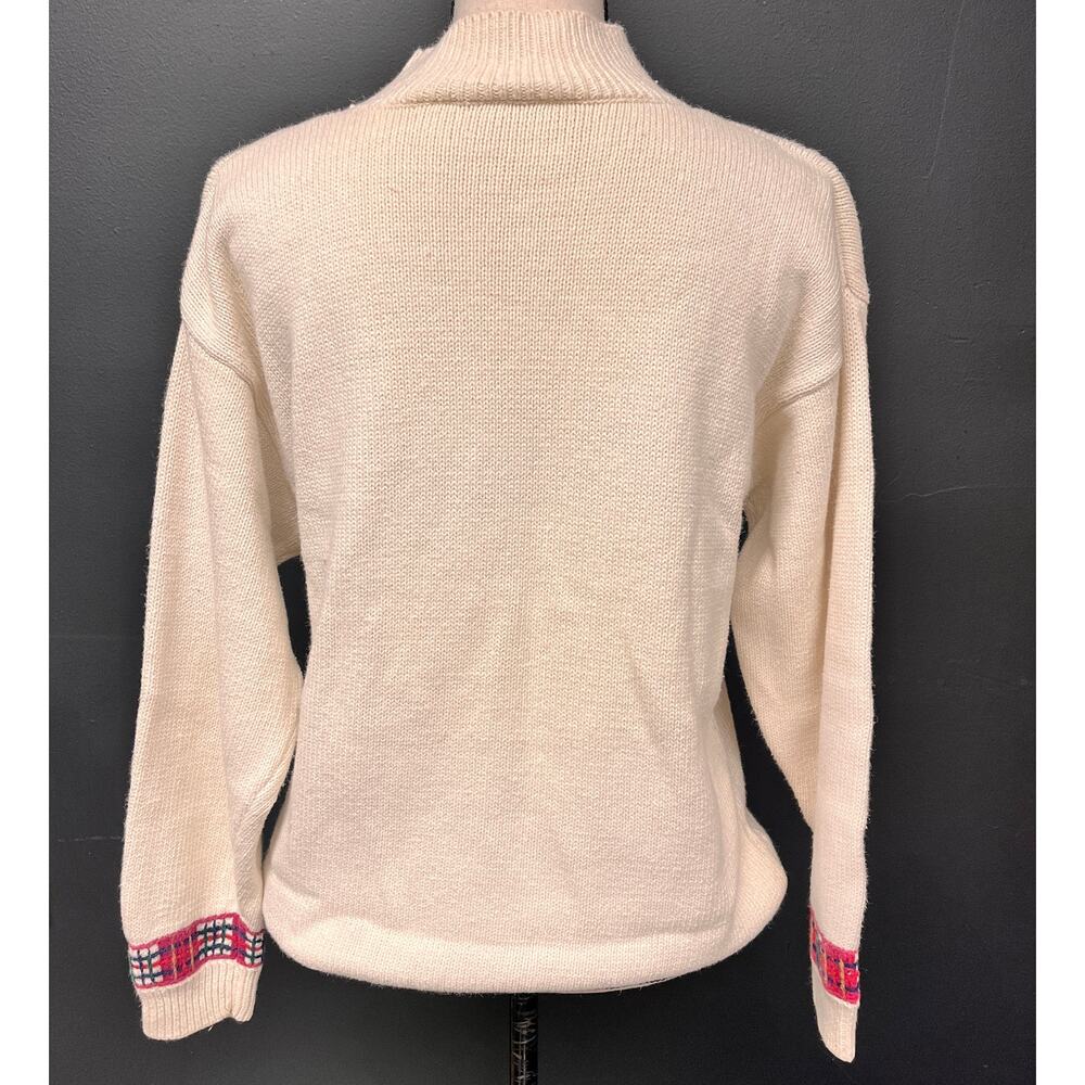 women's SM vintage floral intarsia mock neck sweater plaid off white pink purple - Picture 3 of 8